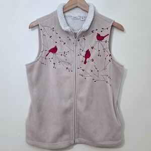 Croft & Barrow Embroidered Cardinal Fleece Vest Sz M Bird Granny Cottagecore